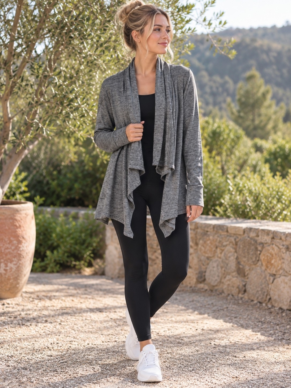 Nike Dri FIT Women’s L Gray Heather Open Front Draped Cardigan Athletic Jacket